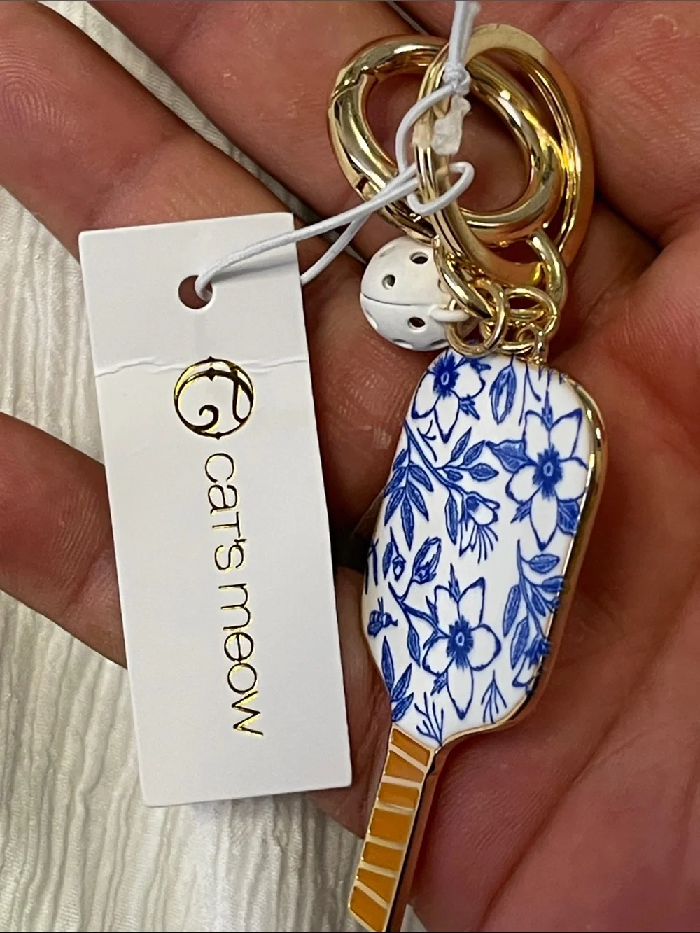 Cats Meow Blue & White Floral Paddle Key & Card Holder with Gold Hardware